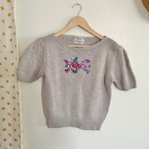 Robert Scott Ltd Vintage Silk Knit Puff Sleeve Floral Sweater